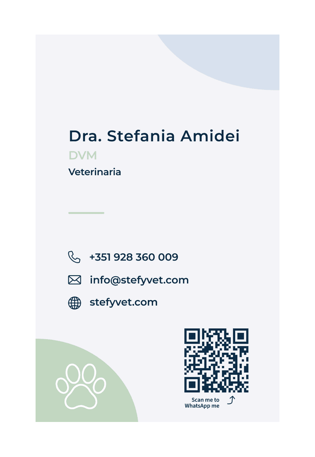 The business card, reverse: name, qualification, phone, email, website and a QR code