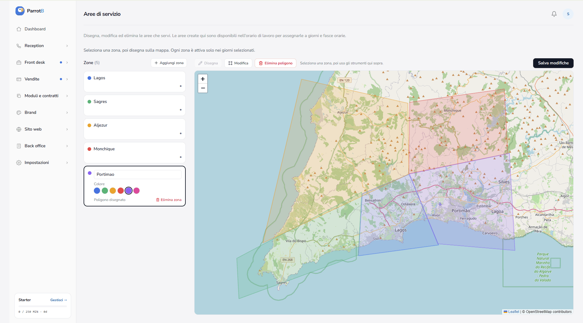 The ParrotB dashboard service area screen: five named zones beside a map of the western Algarve with five coloured polygons drawn on it